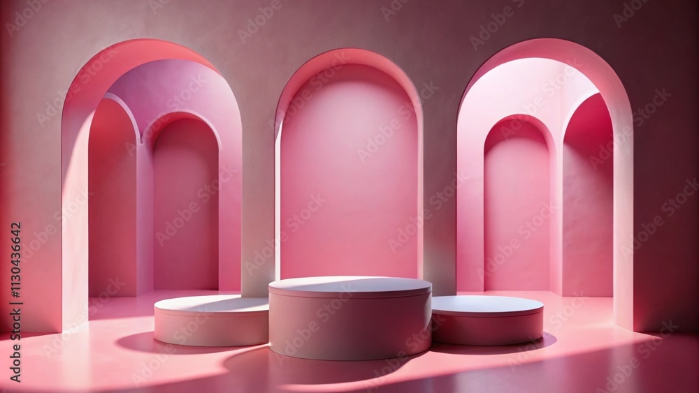 Poster surreal scene of three pink cylindrical platforms with arched openings set against a dreamy pink wal