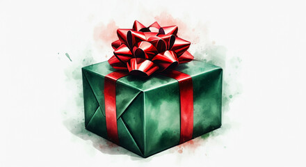 Obraz premium A beautifully wrapped green gift box adorned with a red ribbon and bow, symbolizing holiday festivities and the joy of giving