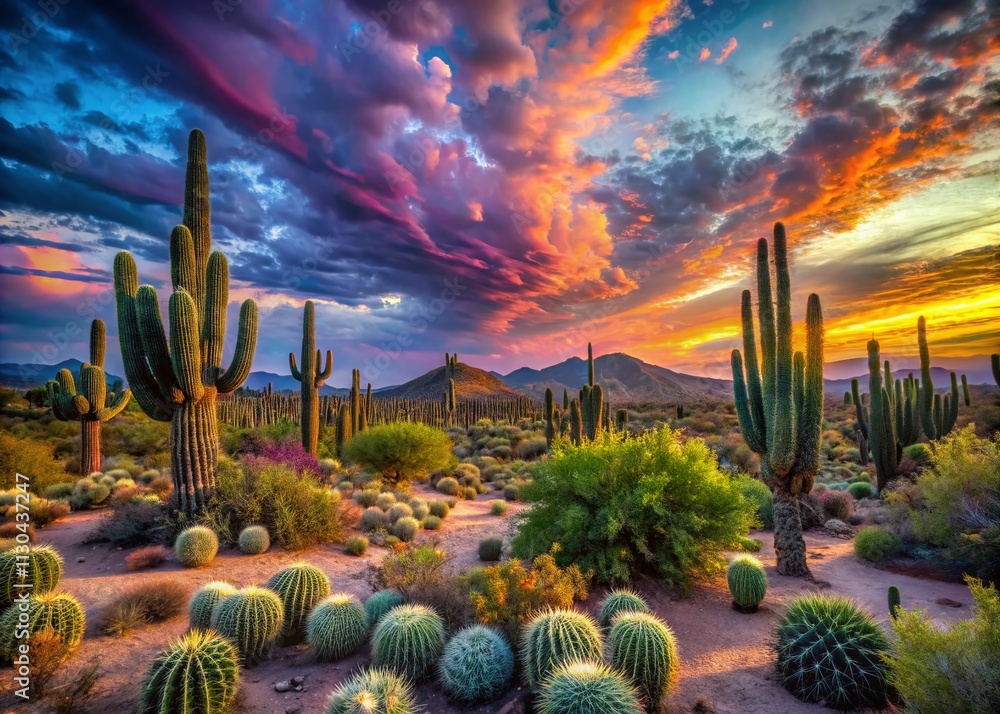 Poster surreal twilight desert landscape with colorful sky and mystical clouds, featuring unique cacti crea
