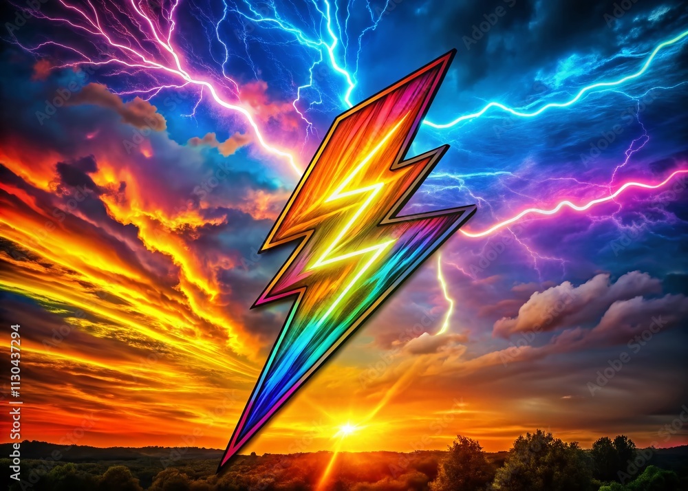 Poster surreal warm gradient cartoon lightning bolt line drawing with vibrant colors and unique artistic ex
