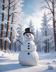 Snowman in a winter landscape with snow-covered trees, frozen lakes, snowflakes falling, snowy scenes