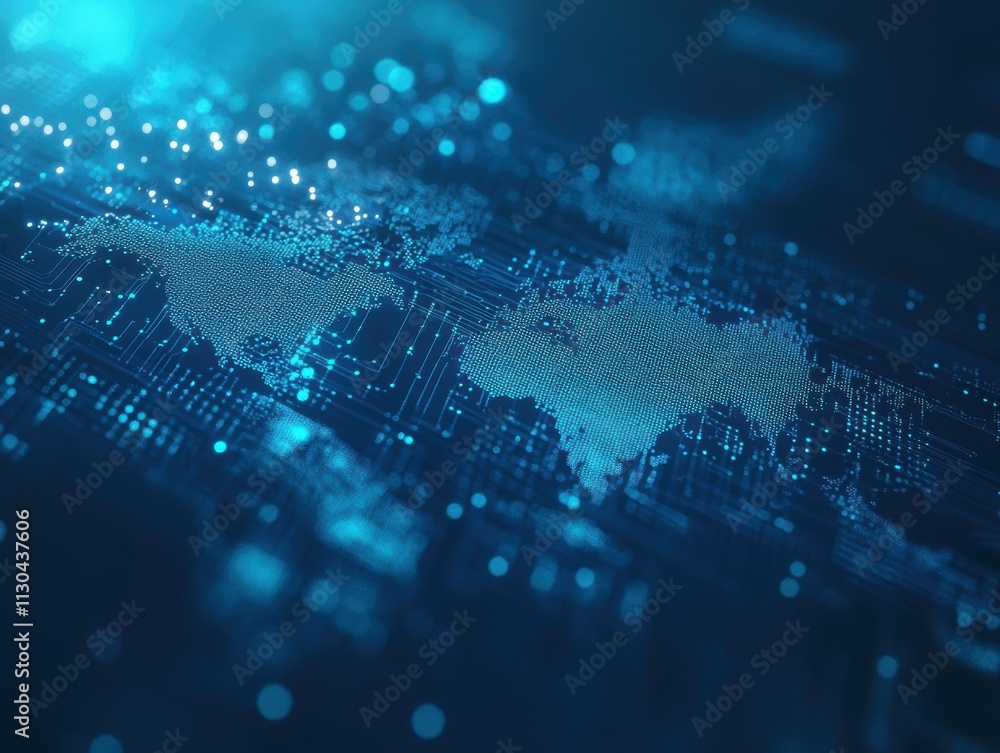 Poster abstract digital world map with circuitry design in blue tones