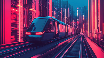 Fototapeta premium A cyberpunk monorail traveling through a neon-lit cityscape with sharp, clean structures, minimal graphic design