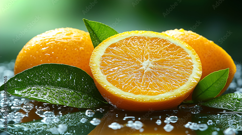 Poster Freshly sliced oranges on a reflective surface with droplets and green leaves showcasing vibrant colors and textures. Generative AI