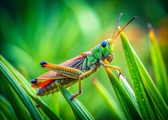 Fototapeta premium Tilt-Shift Photography of a Grasshopper in a Lush Green Field, Highlighting Its Intricate Details and Surrounded by a Dreamlike Blurred Landscape for Nature Enthusiasts