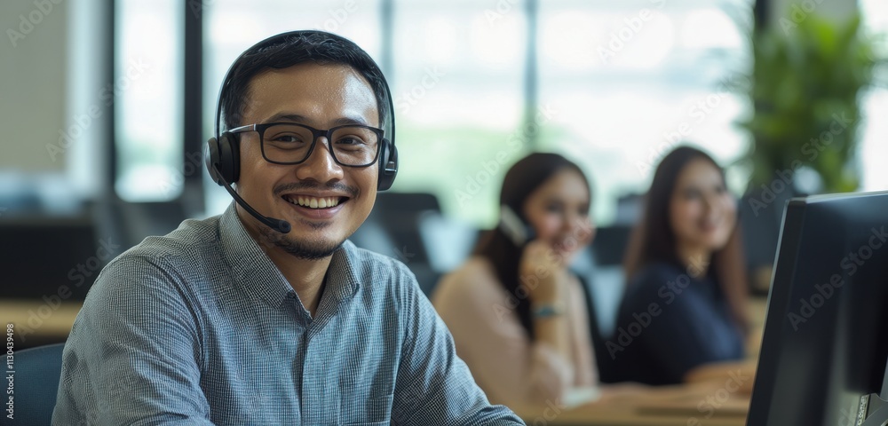 Poster smiling customer service representative in modern office setting