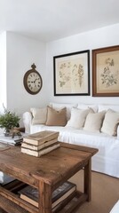 Fototapeta premium Rustic Living Room Interior Design with White Sofa, Wooden Coffee Table, and Vintage Wall Art