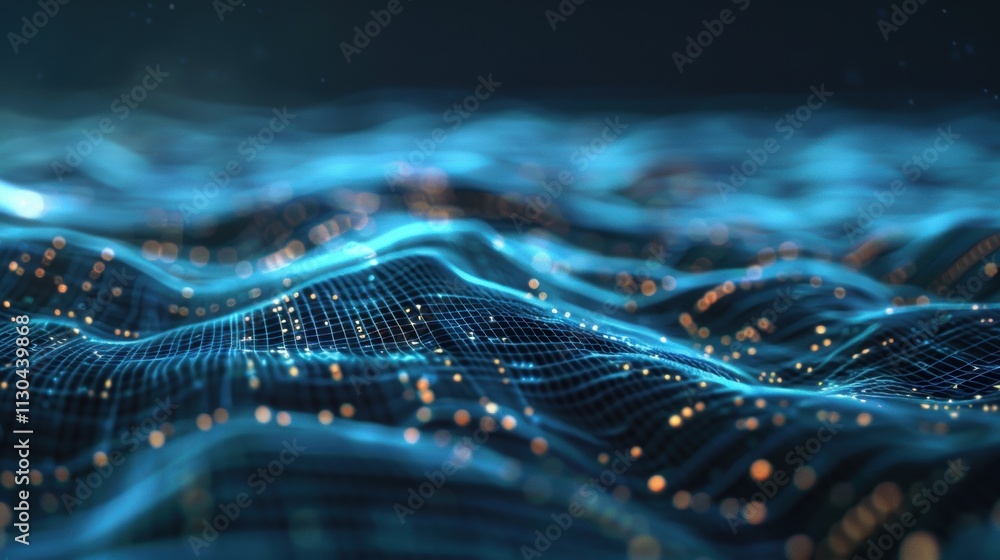 Poster dynamic blue light patterns create a mesmerizing flow, representing an abstract digital landscape wi