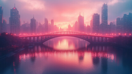 Obraz premium A cyberpunk-inspired bridge with neon railings spanning over a reflective river, sleek and minimalistic