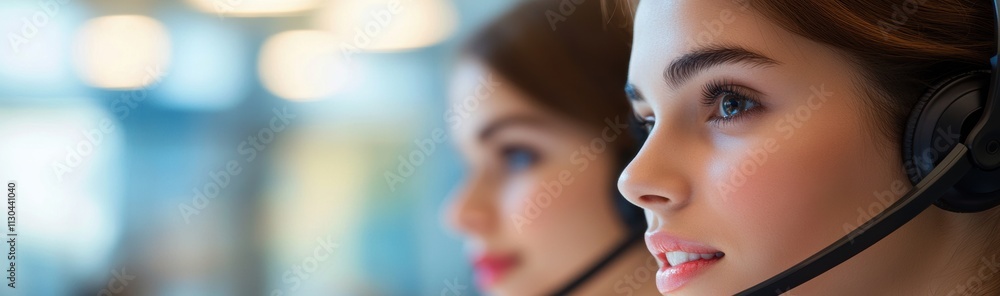 Poster professional call center operators engaged in customer support conversations