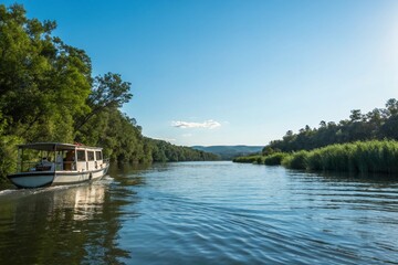 Obraz premium Tranquil Boating Experience on a Calm River Surrounded by Lush Greenery, Ideal for Nature Lovers and Adventure Seekers in a Serene Setting with Clear Blue Skies