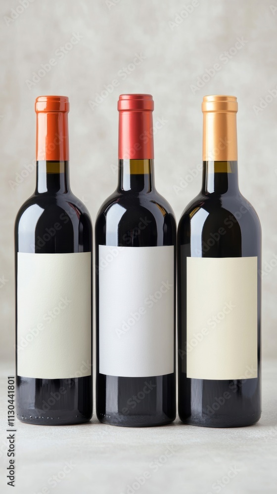 Poster three wine bottles with no labels stand neatly on a soft, neutral surface, offering a blank canvas f