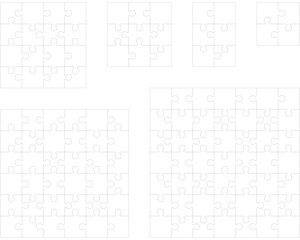 Illustration of six white puzzles, separate parts	