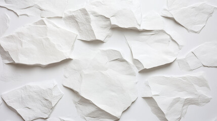 Fototapeta premium White torn paper pieces scattered on textured surface, creating minimalist and abstract background