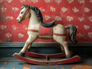 Vintage wooden rocking horse with aged patina against a distressed red background. Perfect for nostalgic scenes, antique decorations, or childhood memories. Rich in rustic charm and history.