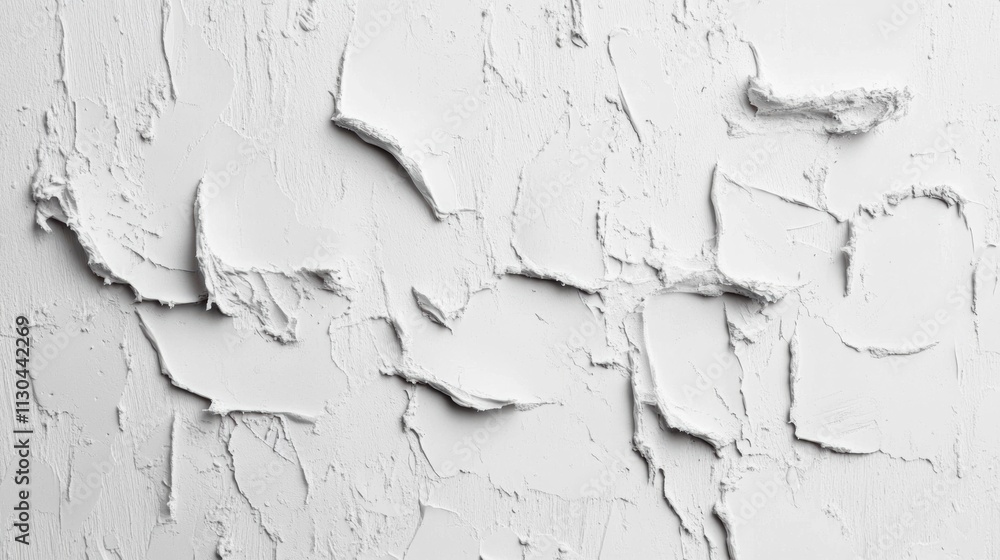 Poster white plaster wall features unique textures, cracks, and patterns, creating a visually striking surf