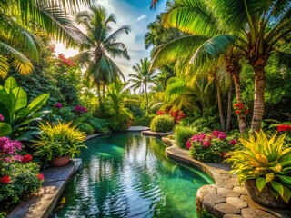 Fototapeta premium Tranquil Tropical Garden with a Serene Small Pool Surrounded by Lush Foliage and Colorful Flowers - A Perfect Escape into Nature's Beauty