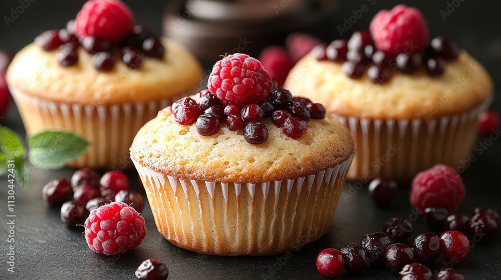 Poster delightful raspberry and cranberry topped muffins presented on a dark surface with fresh berries. ge