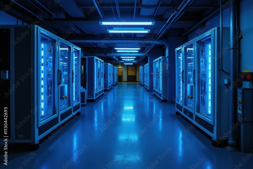 Poster futuristic ai factory environment with glowing blue lighting and automated systems in a high-tech in
