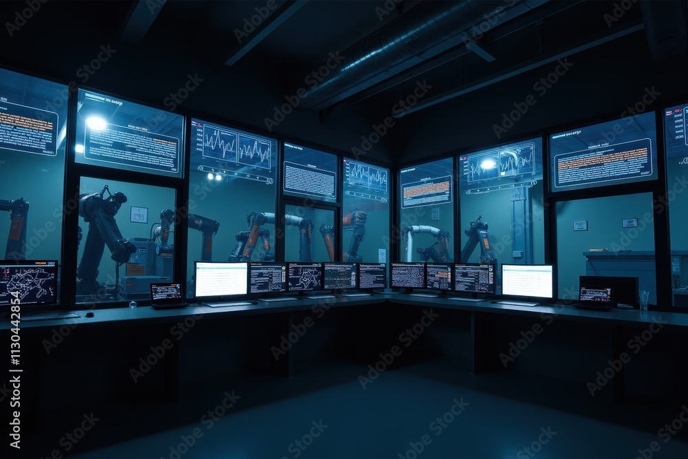 Poster high-tech industrial control room with screens displaying data and robotic arms in operation, showca