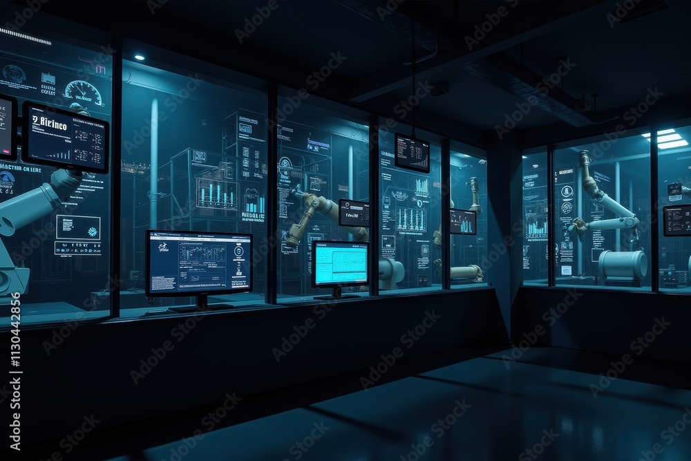 Poster modern industrial control room with robotic arms and advanced technology, featuring screens displayi