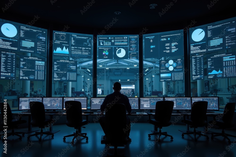 Poster modern industrial control room with digital displays showcasing data analytics and monitoring system