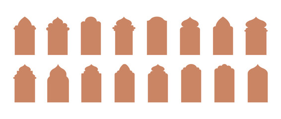 Set of Shape Islamic Door. Arabic architecture. Collection of arches in oriental style. Vector illustration isolated on white background.