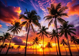 Obraz premium Tropical Holiday Greeting: A Stunning Silhouette Scene of Palm Trees at Sunset, Perfect for Inviting Vibes, Relaxation, and Exotic Getaways in Your Seasonal Cards and Designs