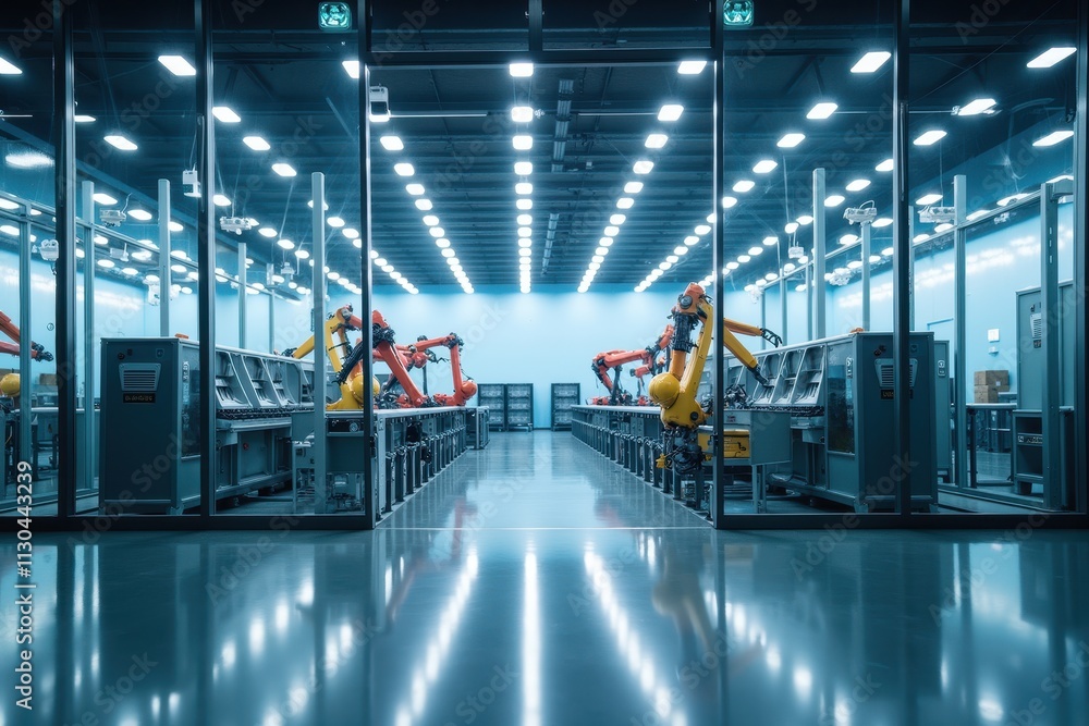 Poster industrial robotics showcase with advanced machinery in a high-tech environment highlighting control