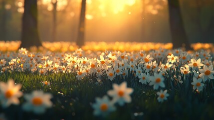 Fototapeta premium Sun-Kissed Daffodil Meadow Spring Flowers Bathed in Golden Sunlight, Serene Nature Background