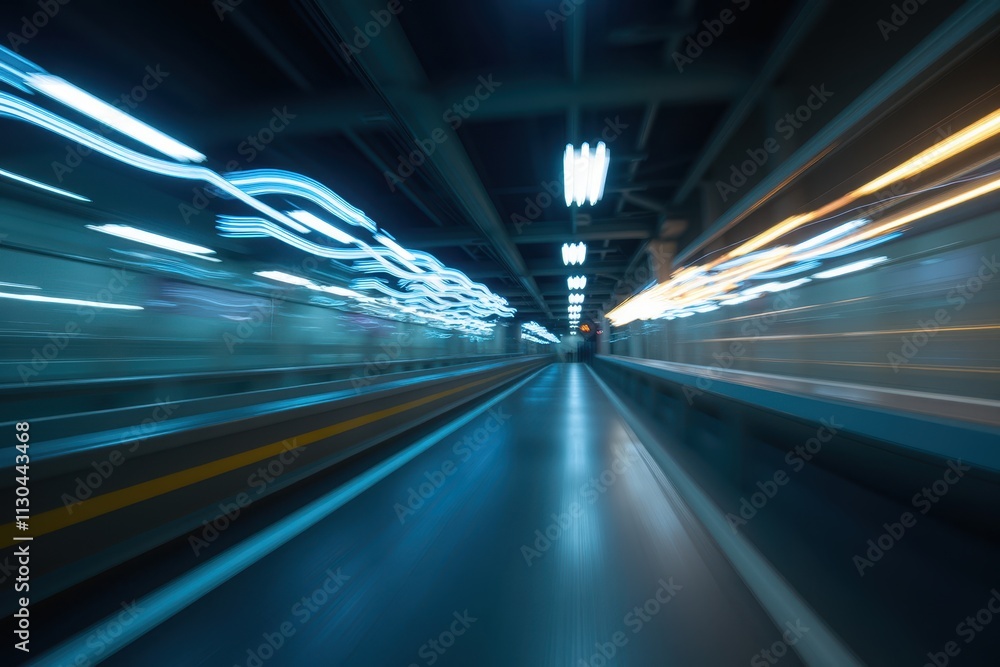 Poster abstract light trails in a factory environment captured with motion blur, creating a dynamic and fut