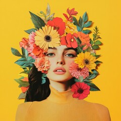 Girl flowers collage, Woman with flower wreath on head, Girl floristry collage, Fashion modern illustration ai generation