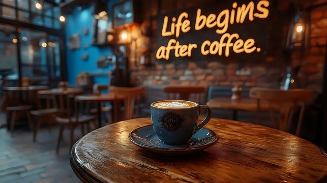 A coffee shop with a neon sign that says "Life Begins After Coffee"