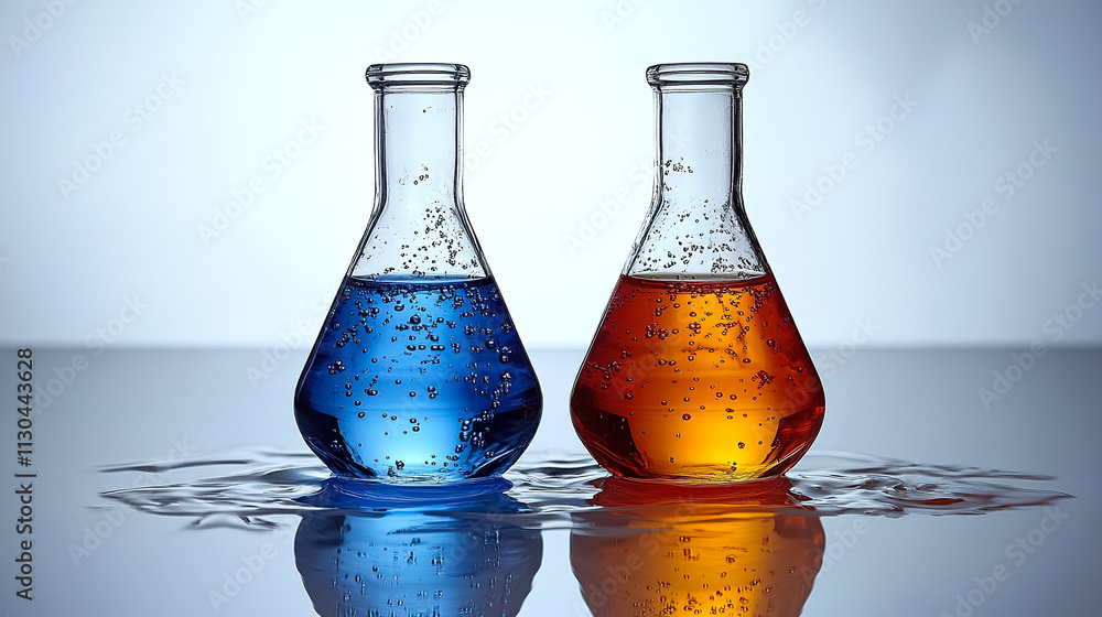 Poster colorful liquids in laboratory flasks create a visually striking contrast on a reflective surface du