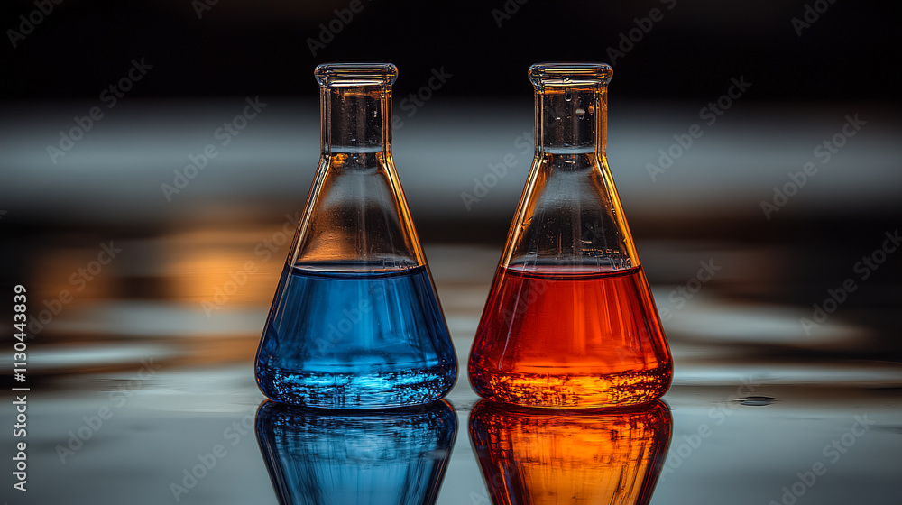 Poster colorful liquid mixtures in glass flasks display fascinating chemistry experiment in a laboratory se