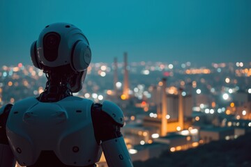 Fototapeta premium Futuristic Robot Worker Overlooking City Skyline with Industrial Factories at Dusk, Showcasing Technology in Urban Environment