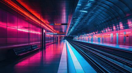 Fototapeta premium A futuristic train station in a cyberpunk city, illuminated by soft neon lighting and minimalistic structures