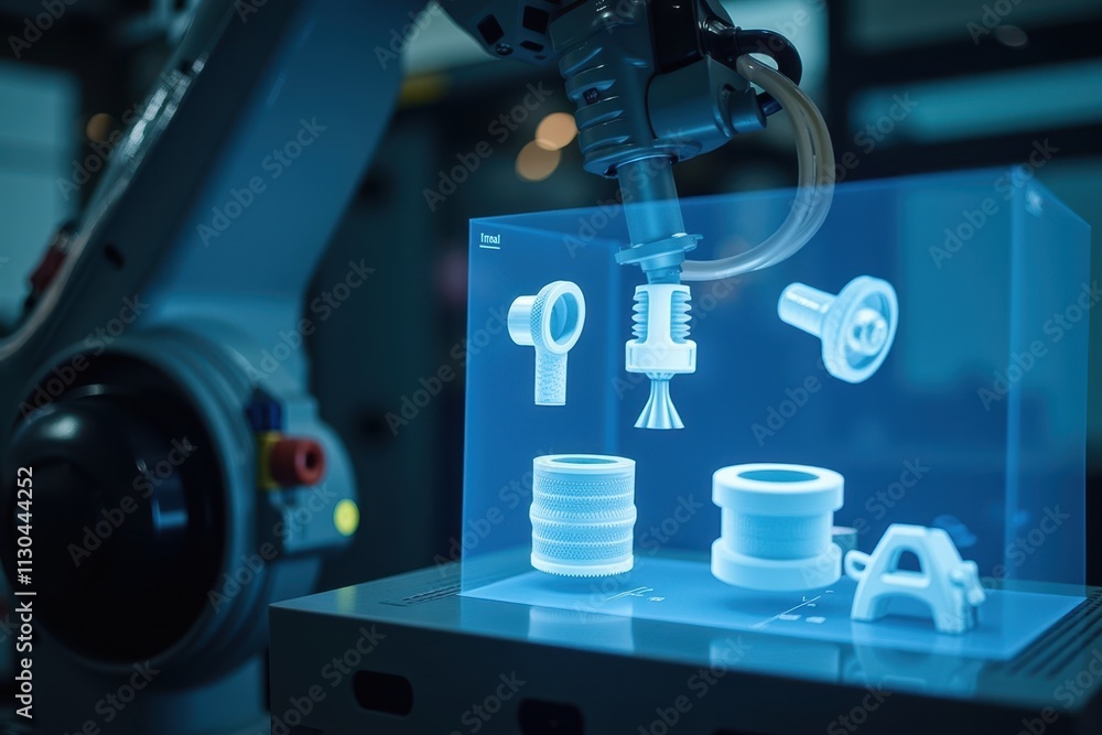 Poster advanced holographic display featuring robotic arm manipulating 3d components and industrial parts f