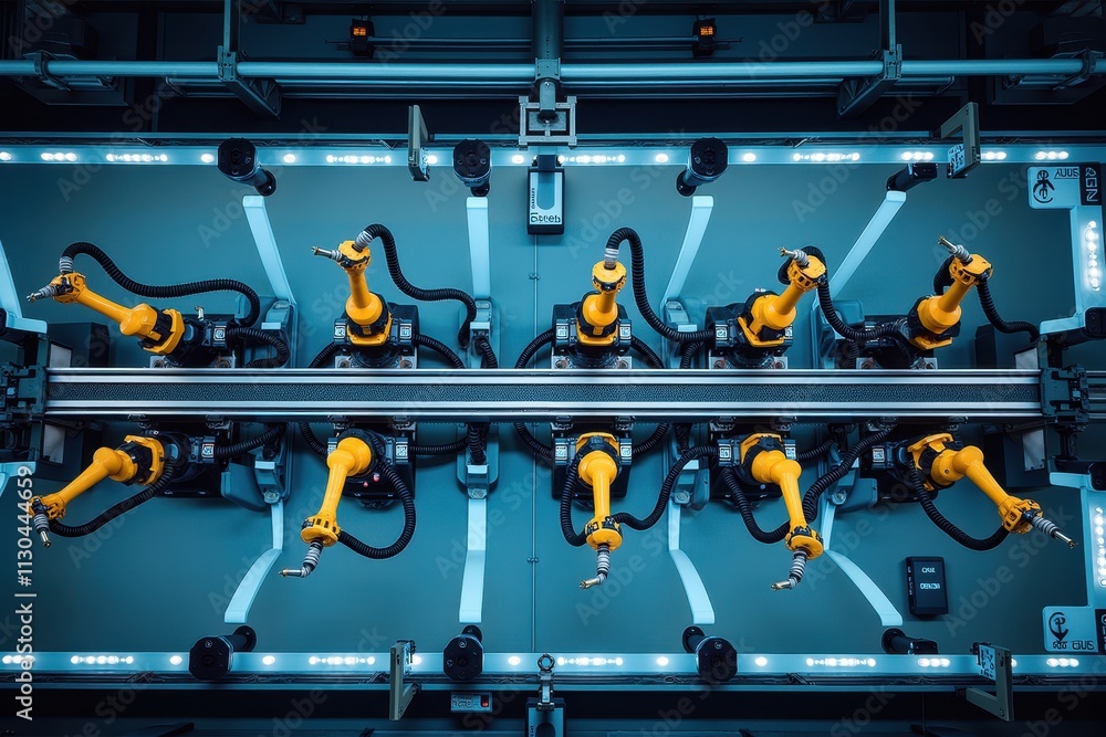 Poster aerial view of robotic arms in an industrial setting, showcasing precision and technology in automat