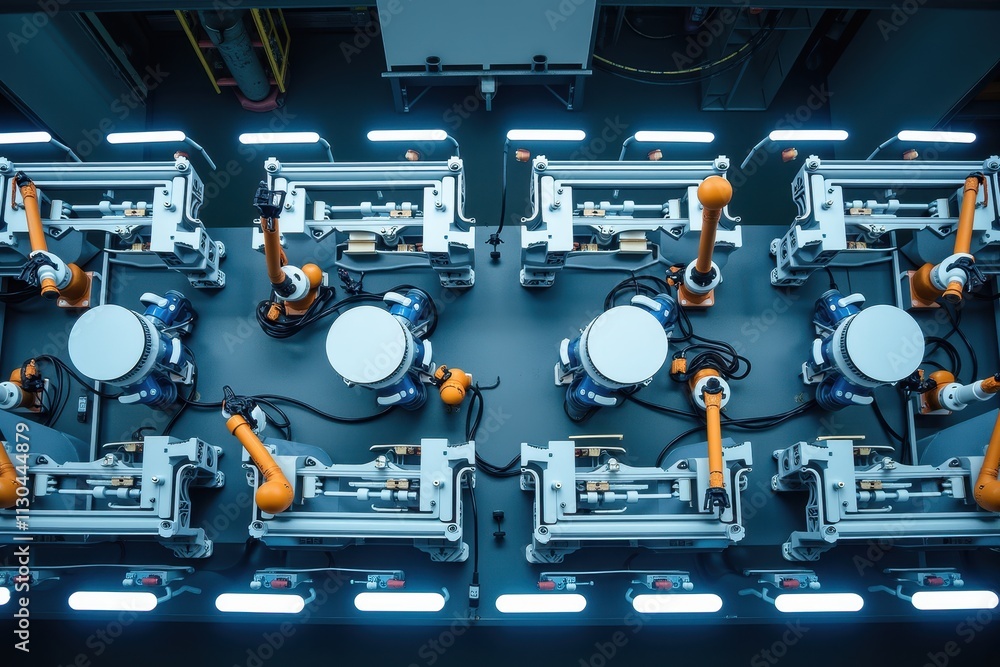 Poster aerial view of advanced robotic arms in a modern manufacturing facility with precision tools and int