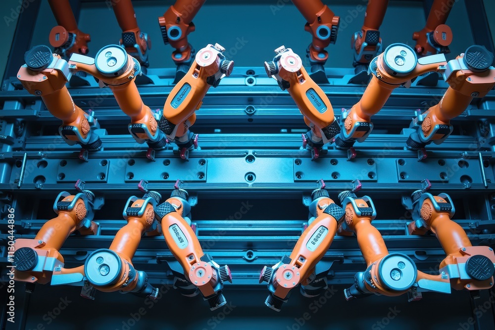 Poster robotic arms in industrial setting, captured from above with an abstract background and focus on mac