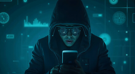 Hacker Using Smartphone  Cyber Security  Digital Crime  Data Theft