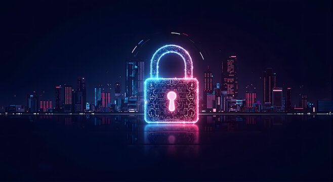 Cyber Security Neon Padlock over Cityscape