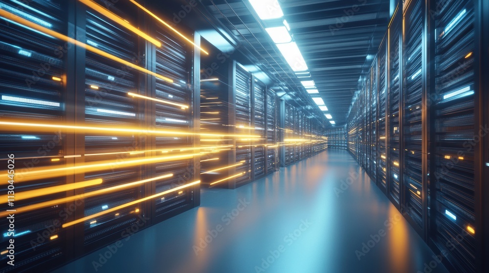 Poster futuristic data center with light trails and server racks