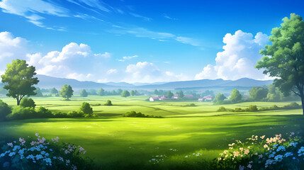Obraz premium Serene Village Meadow Under a Sunny Sky