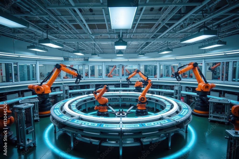 Poster innovative ai technology in a modern drone production facility showcasing sleek robotics and automat