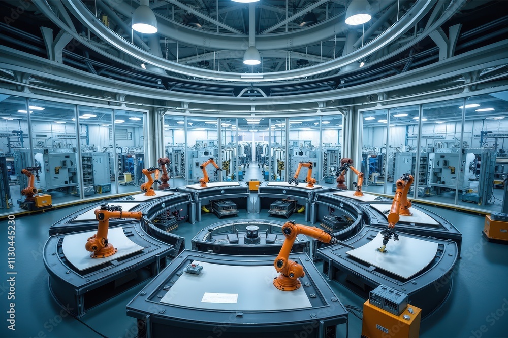 Poster advanced robotics and ai integration in automated drone production facility showcasing innovative te