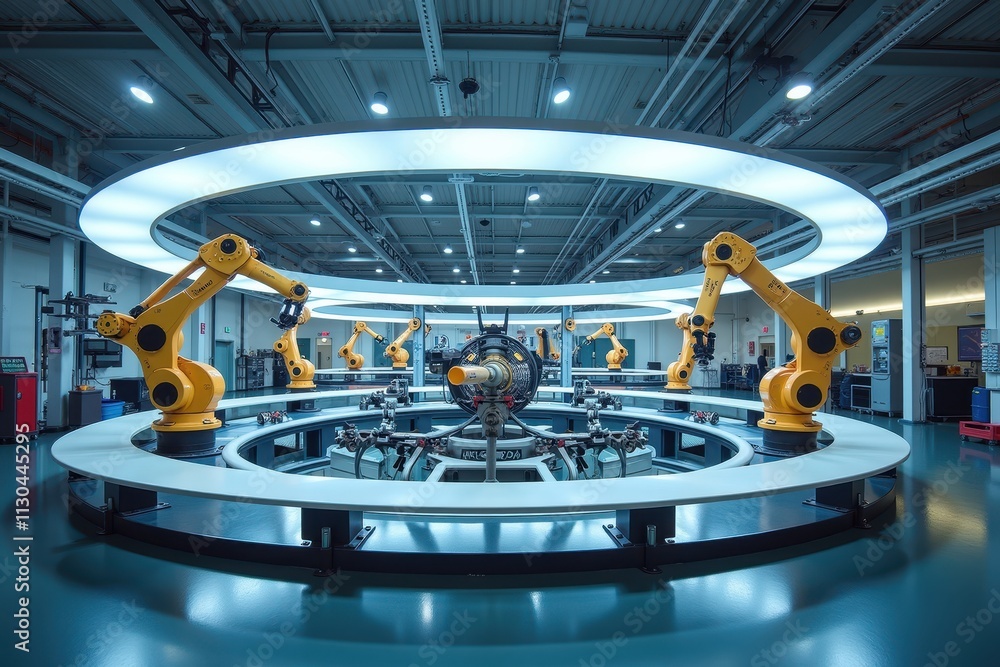 Poster advanced automation in drone production: a modern robotics facility showcasing industrial robotics a