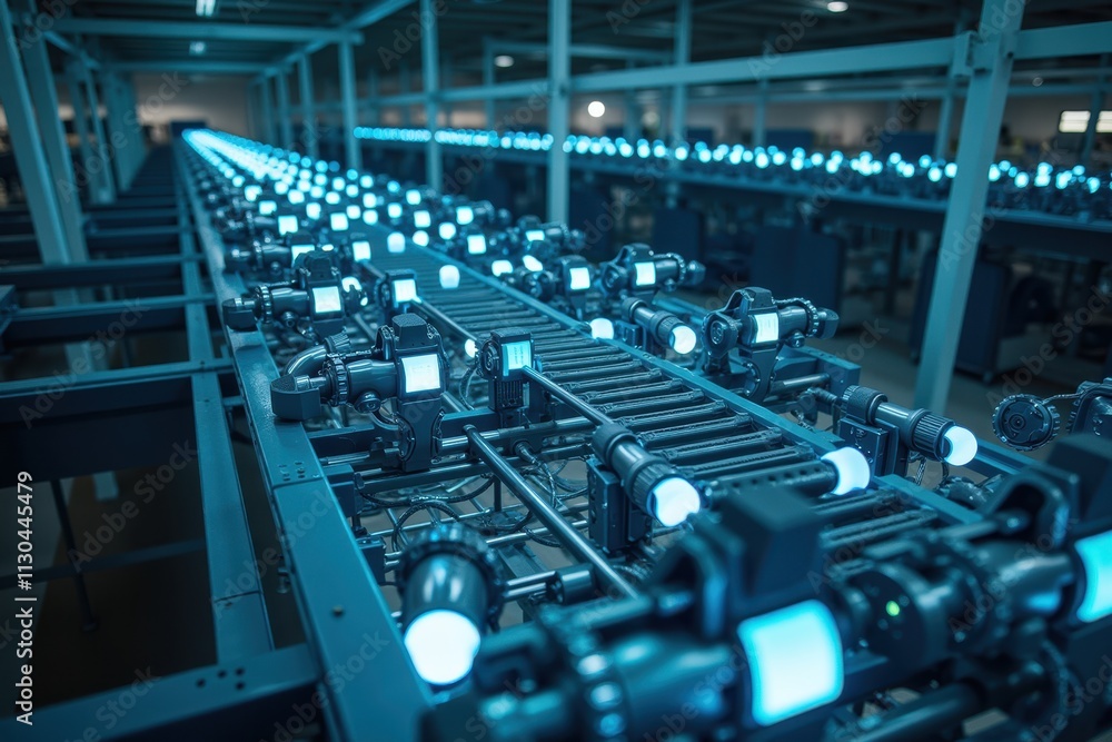 Poster aerial view of modern factory assembly line with illuminated equipment and advanced machinery in act