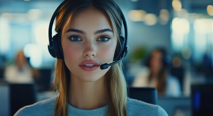 Female Customer Service Representative in Call Center with Headset